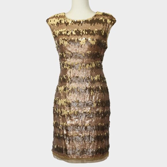 ADRIANNA PAPELL Women's Gold Sequin Cap Sleeve Sheath Dress Size 6 - Picture 1 of 9